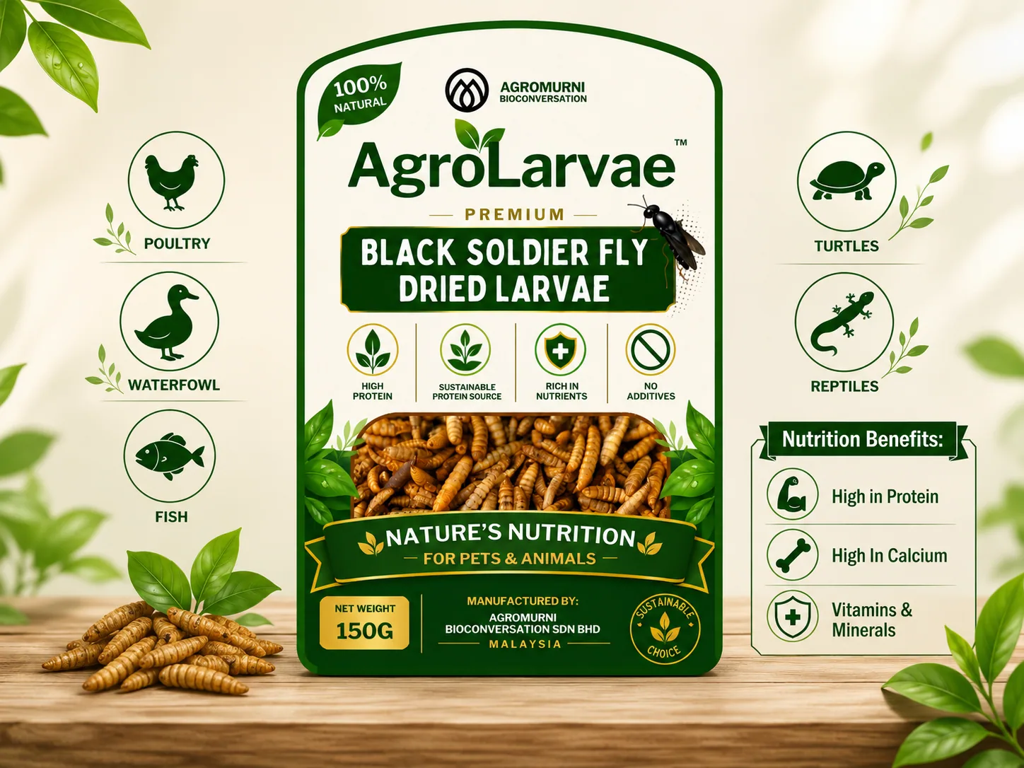 AgroLarvae premium dried Black Soldier Fly larvae, 150 g pack