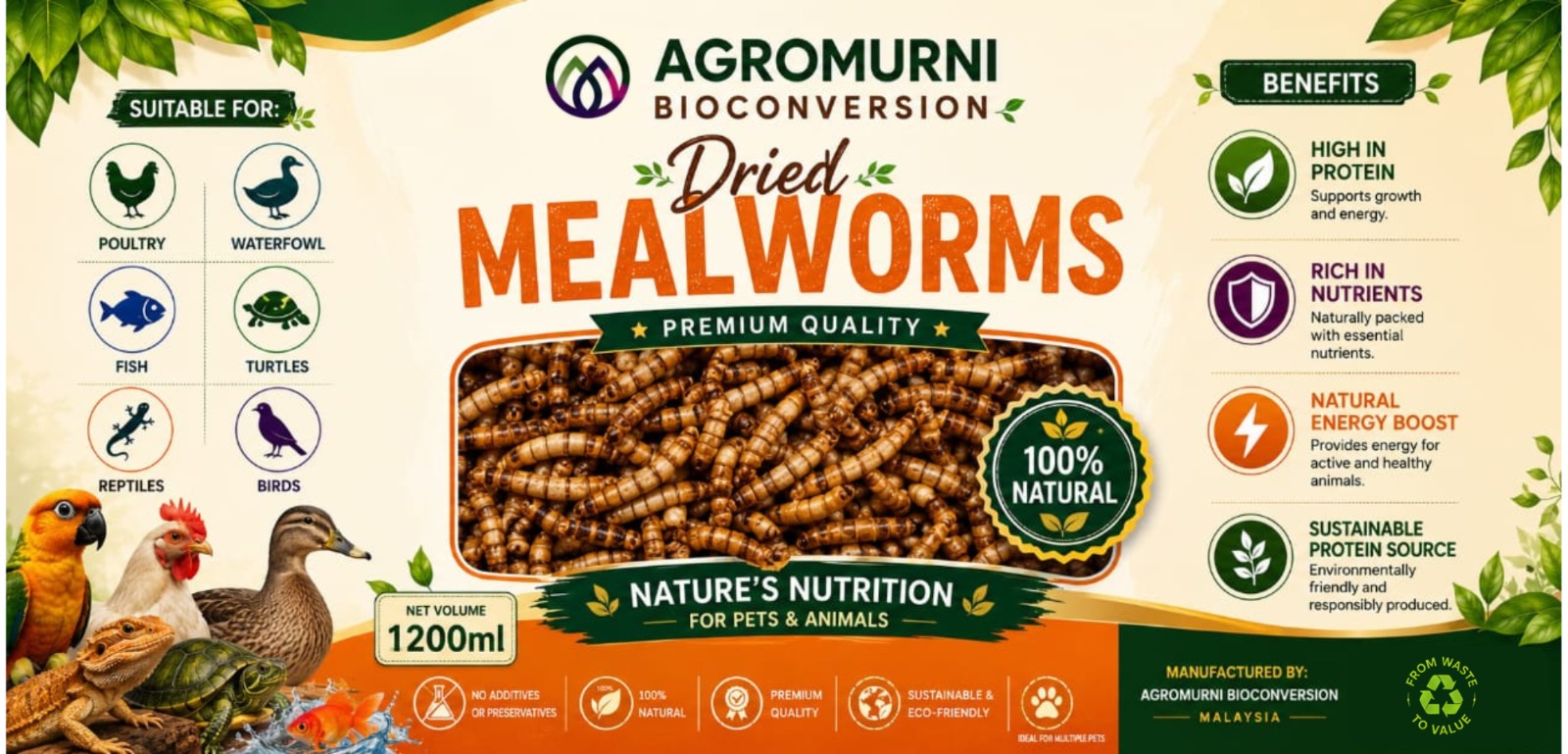 Dried mealworms product label showing key benefits and suitable animals