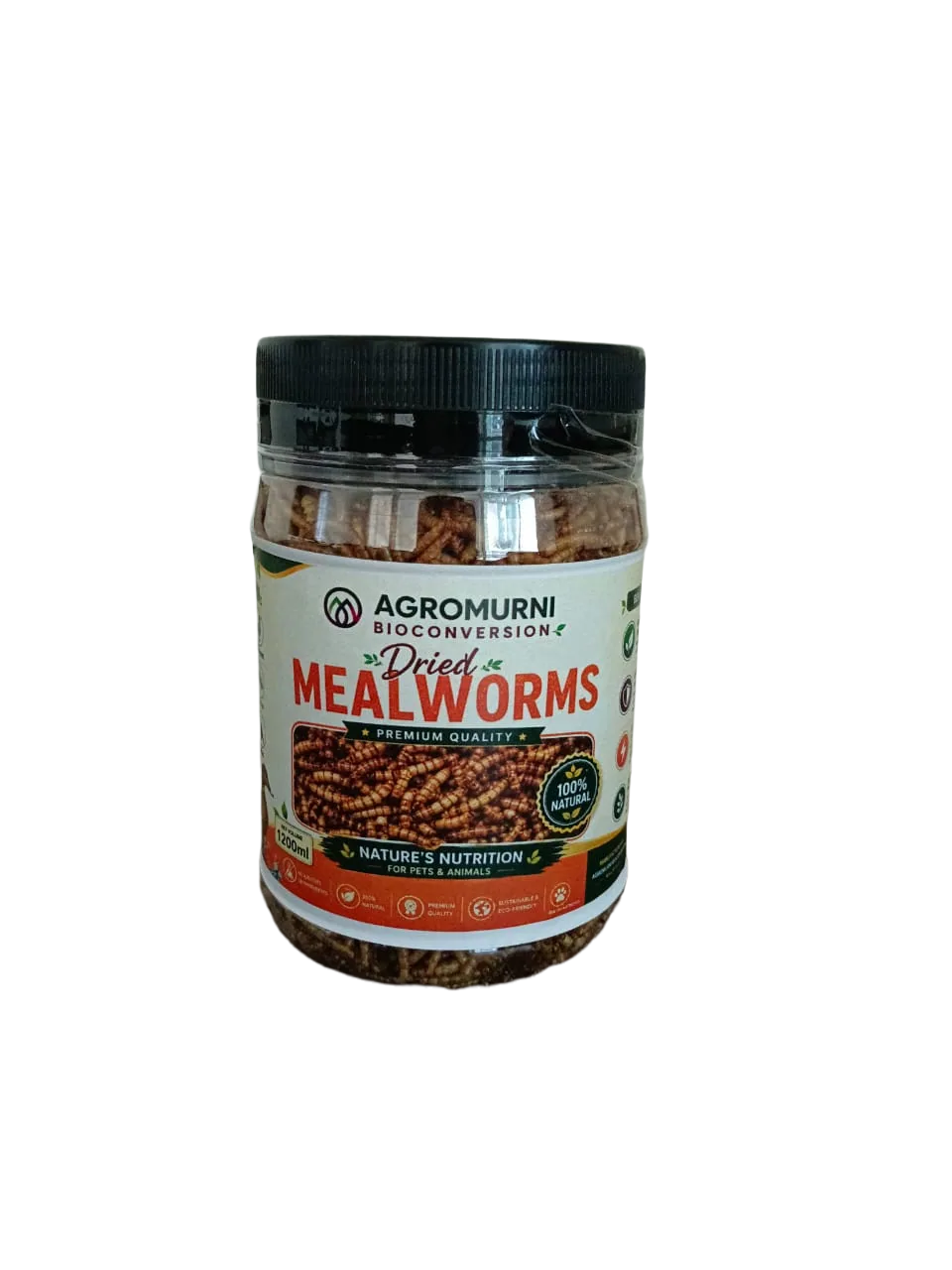 Dried mealworms — premium quality, 1200 ml jar